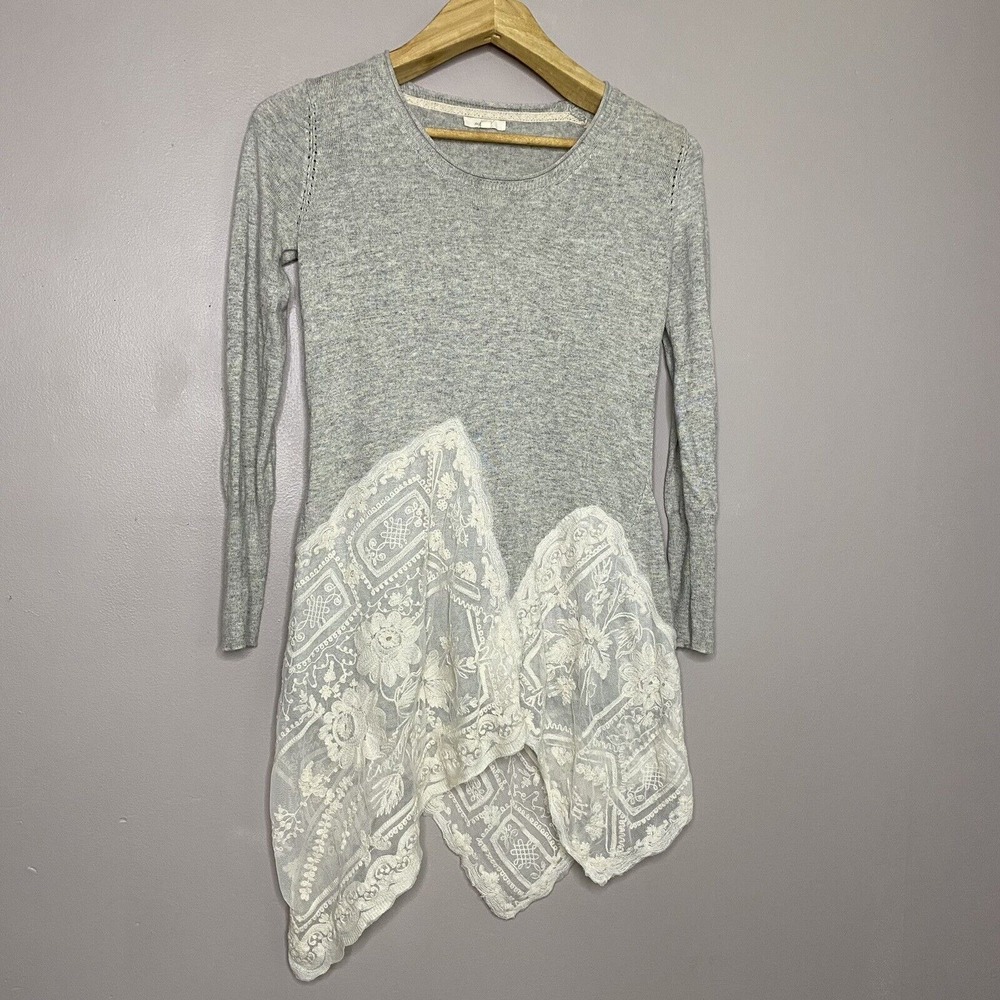 Mystree Lace Trim Tunic Long Sleeve Knit Top Women's Size S